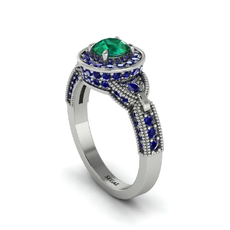 Ladies engagement rings three-stone diamond-Emerald Double Halo Handmade Engagement Ring - Gracelyn No. 66