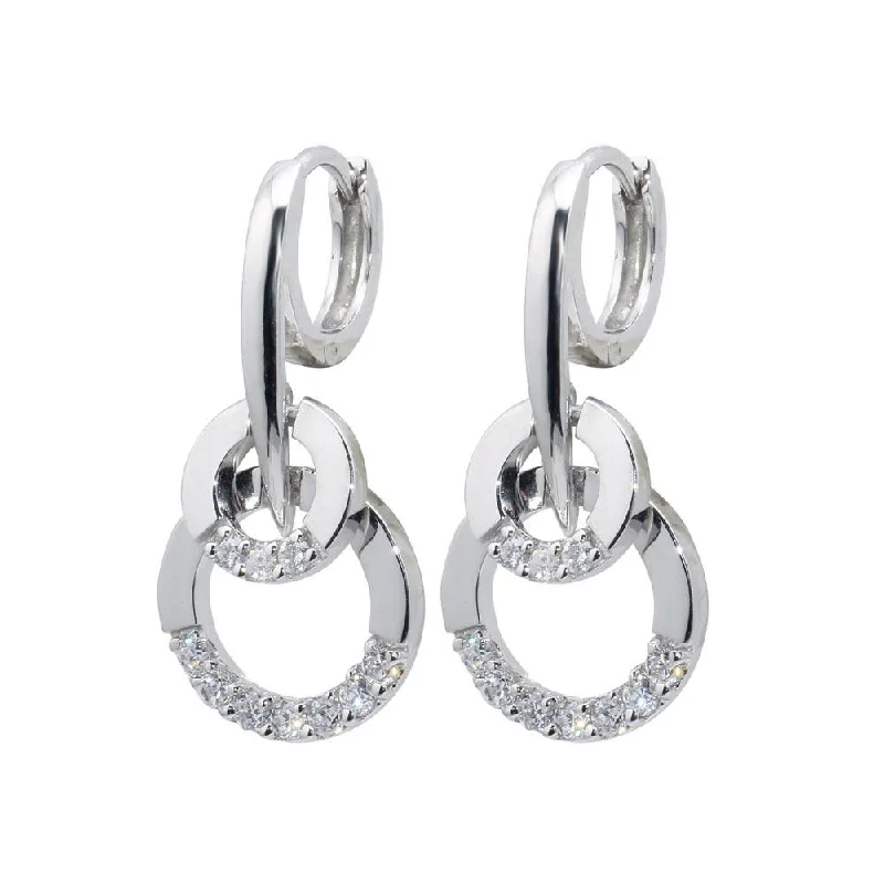 Ladies earrings modern sleek appeal-Silver 925 Rhodium Plated Two Round CZ Lever Back huggie hoop Earrings - BGE00098