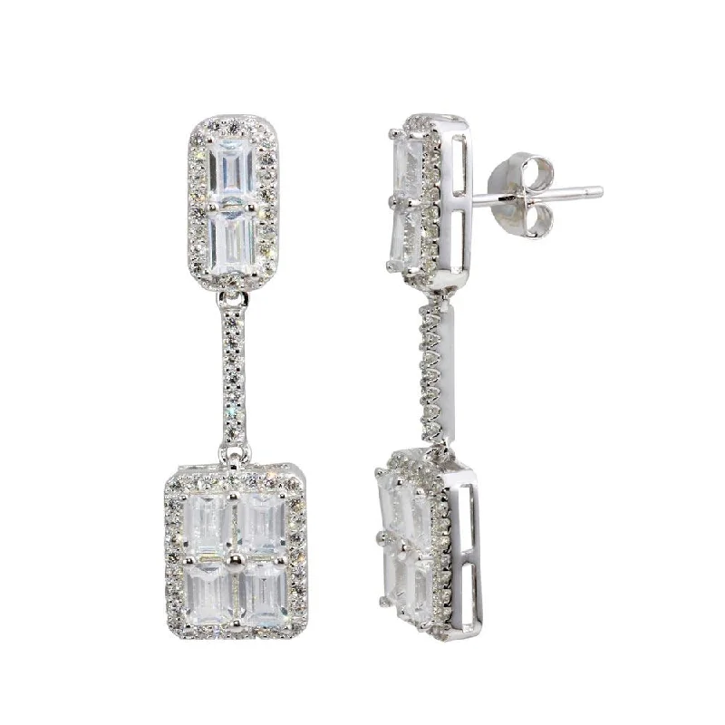 Ladies earrings worldwide fashion appeal-Rhodium Plated 925 Sterling Silver Dangling Bar and Square Earrings with CZ - BGE00595