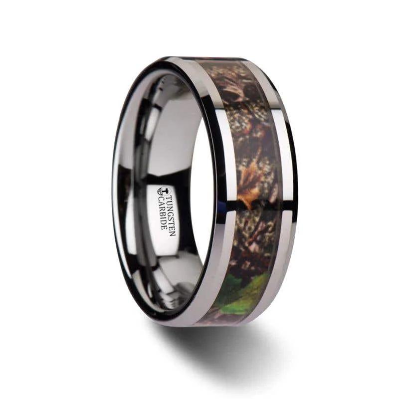 Ladies rings scratch-resistant styles-Thorsten OVERGROWTH Realistic Tree Camo Tungsten Carbide Wedding Band with Green Leaves - 8mm