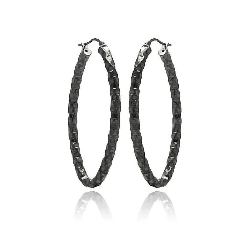 Ladies earrings metallic sheen styles-Clearance-Silver 925 Black Rhodium Plated Oval Hoop Earrings - ITE00022BLK