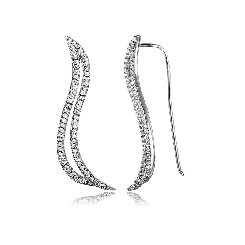 Ladies earrings global brand styles-Silver 925 Rhodium Plated Open Wave CZ Climbing Earrings - STE01064