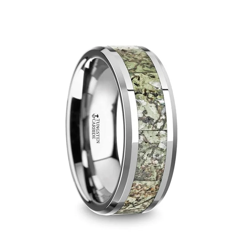 Ladies rings ethnic pattern designs-Thorsten TARGARYEN Tungsten Wedding Band Green Dinosaur Bone Inlay & Beveled Edges - 8mm