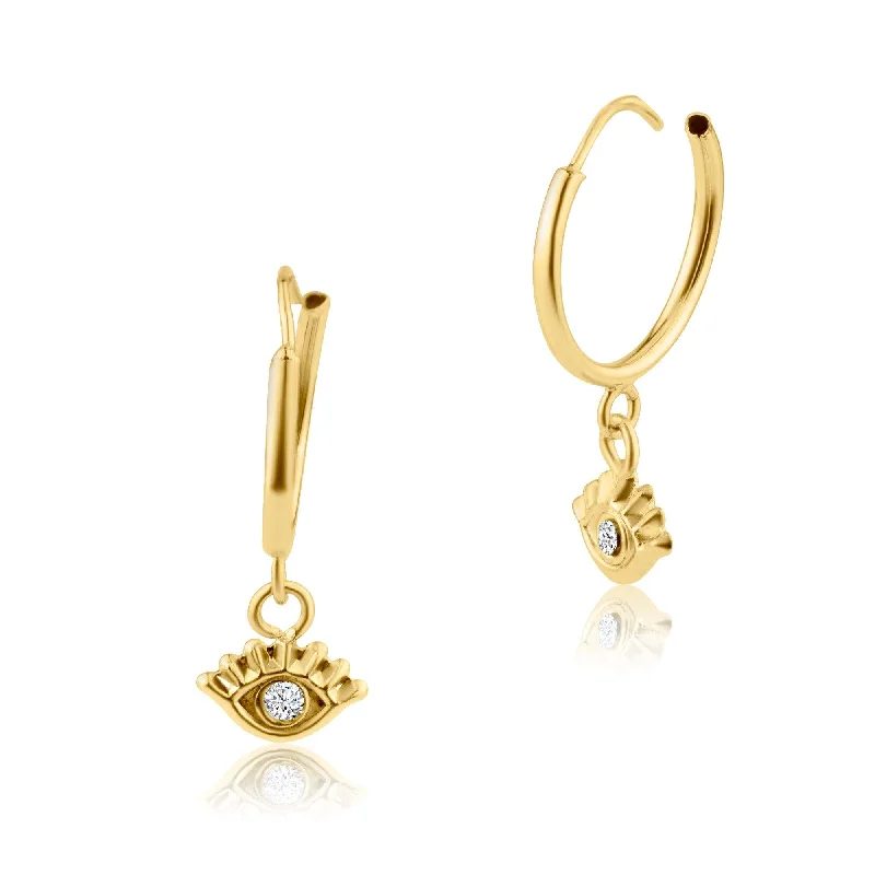 Ladies earrings curved edge designs-14E00237. - 14 Karat Yellow Gold Dangling Eye Hoop Earring