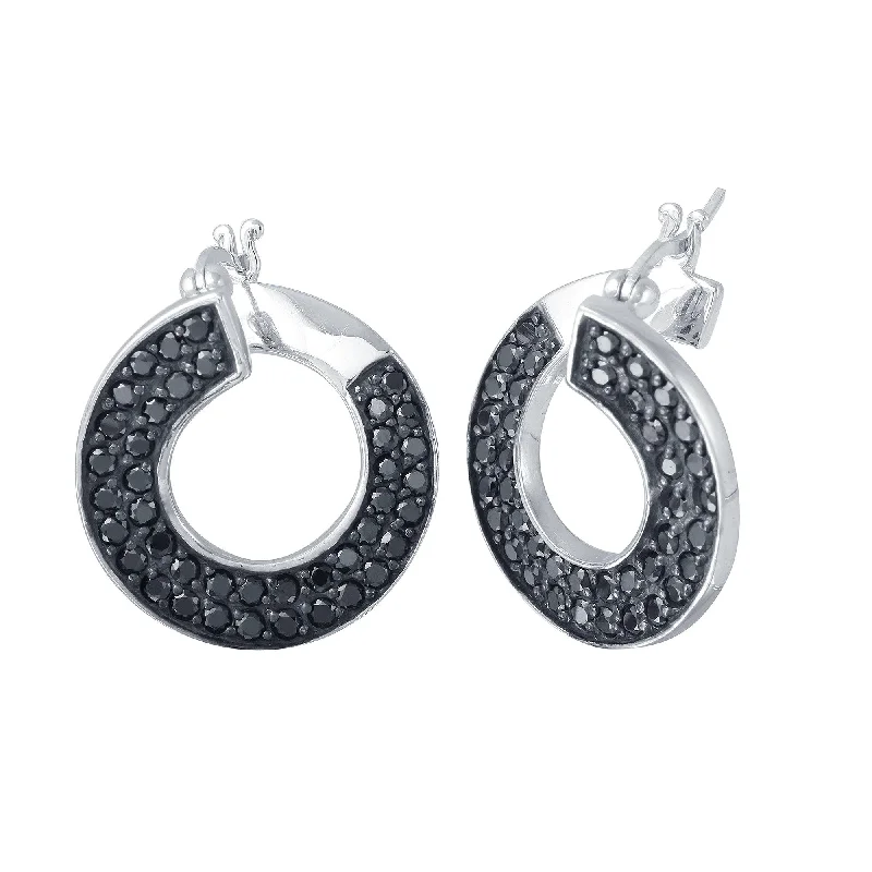 Ladies earrings faceted gem styles-Clearance-Rhodium Plated 925 Sterling Silver Twirl Round Ramp Black CZ Hoop Earrings - STE00552