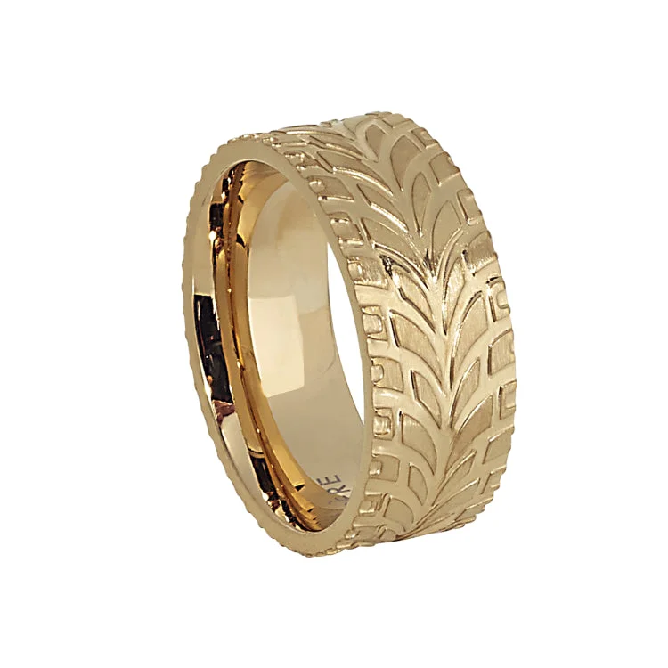 Ladies rings brilliant cut styles-Gold IP Finish Stainless Steel Feathered Band  - Size 10