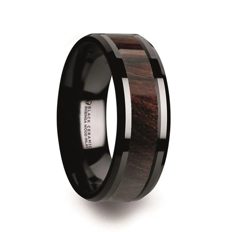 Ladies rings memory-inspired pieces-Thorsten BENNY Black Ceramic Bubinga Wood Inlay Polished Beveled Edges Men’s Wedding Band - 8mm