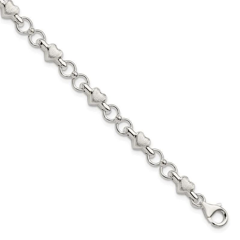 ladies bracelet bar celestial-Sterling Silver Polished and Brushed Hearts and Circles Bracelet