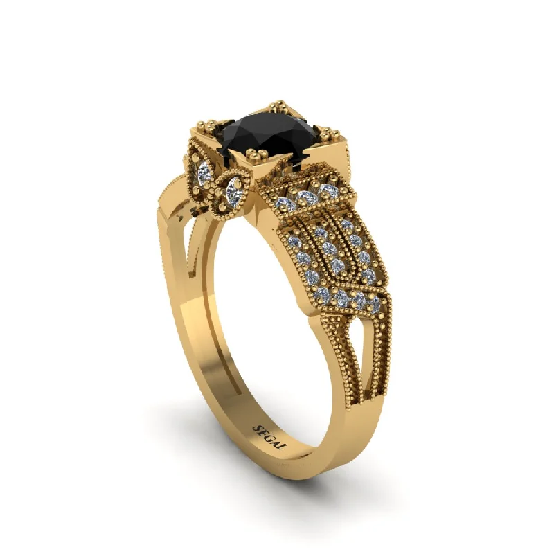 Ladies engagement rings pave gemstone-Black Diamond Milgrain Gold Engagement Ring - Lyric No. 7