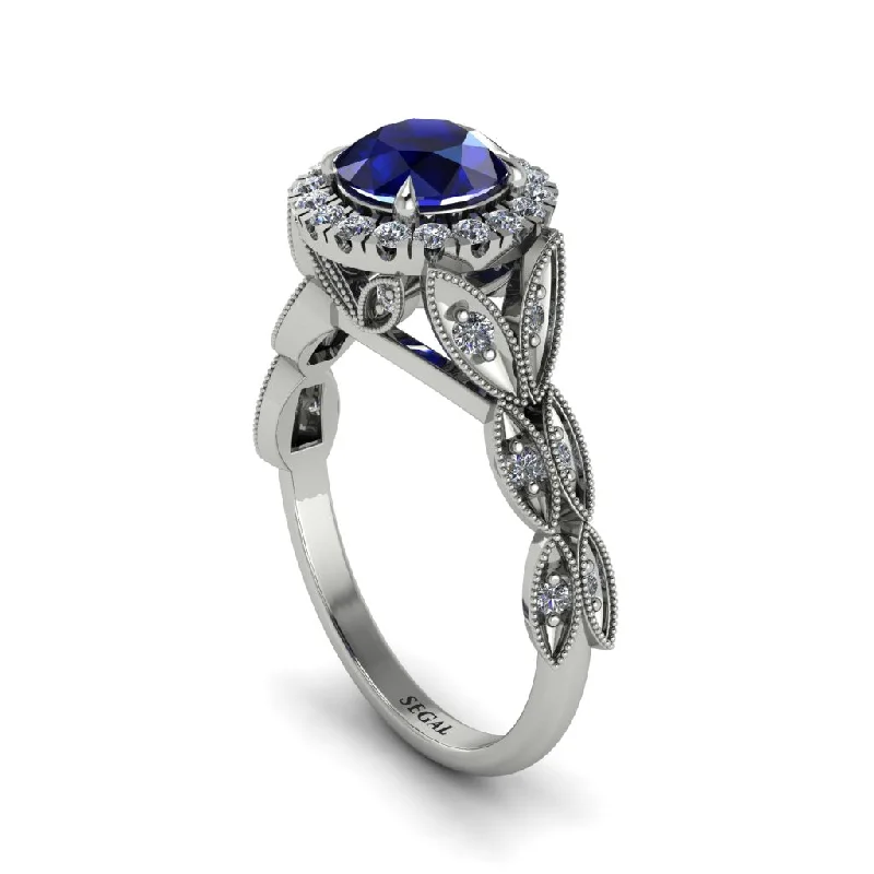 Ladies engagement rings three-stone-Sapphire Halo Nature Inspired Leaf Engagement Ring - Alessandra No. 15