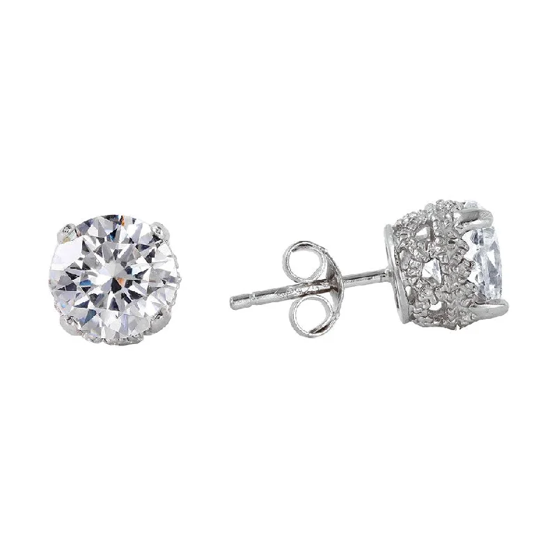 Ladies earrings generational gift picks-Silver 925 Rhodium Plated Round Clear CZ Earrings - STE00581CLR