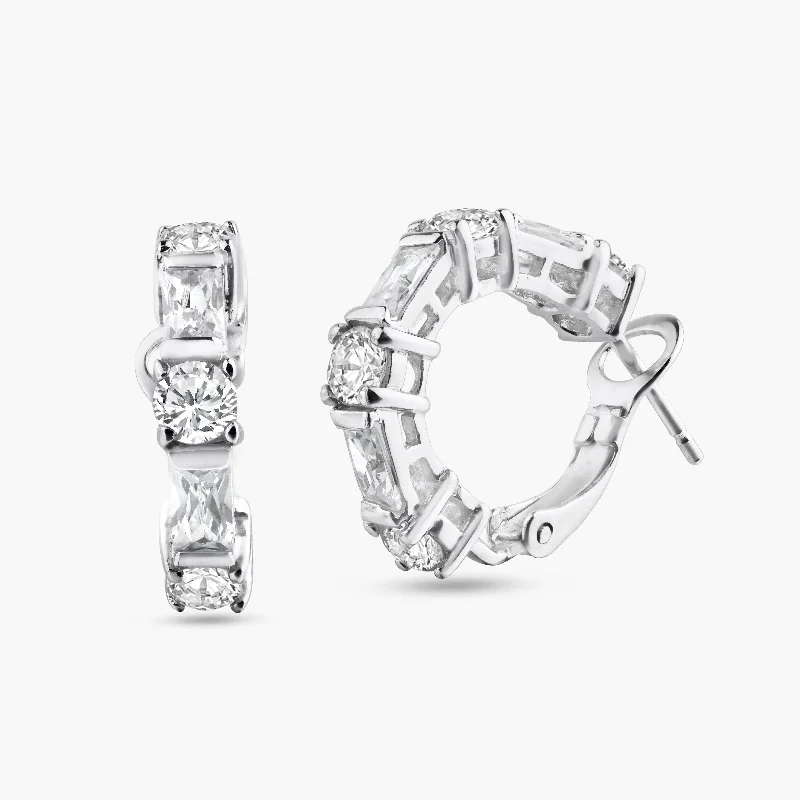 Ladies earrings channel set earrings-Silver 925 Rhodium Plated Clear Baguette CZ Hoop Earrings - STE00615