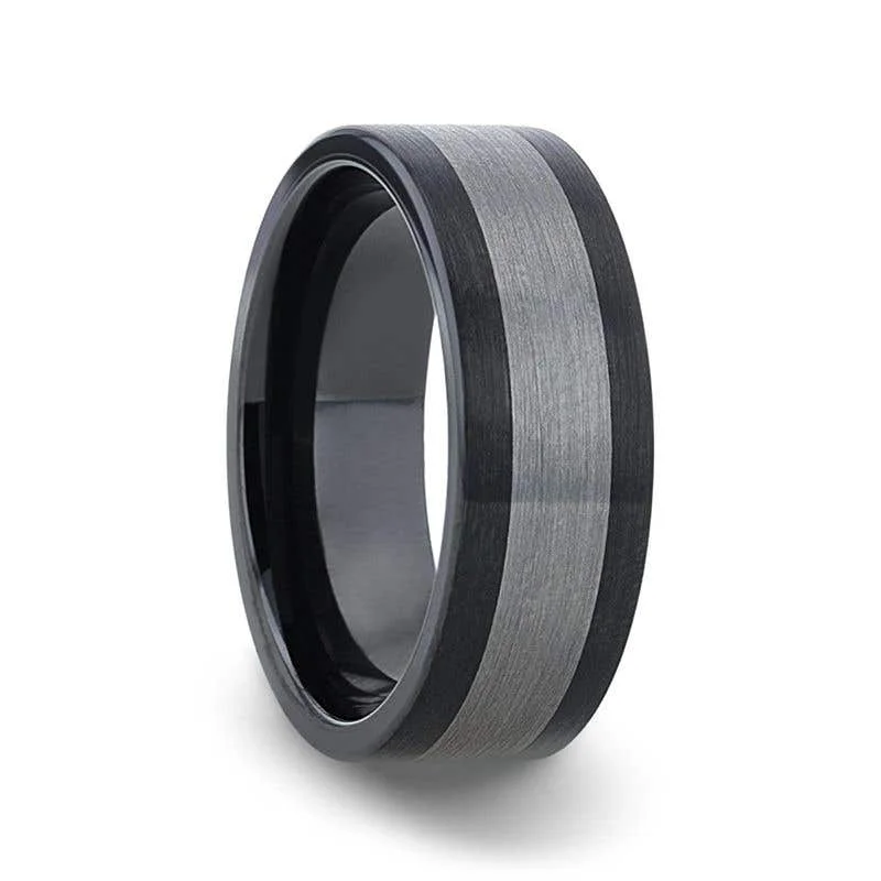 Ladies rings everyday glamour designs-Thorsten ENDAST Ceramic Inlay Black Tungsten Wedding Band With Flat Brushed Edges - 8mm