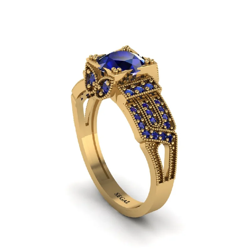 Ladies engagement rings cultural diamond cuts-Sapphire Milgrain Gold Engagement Ring - Lyric No. 73