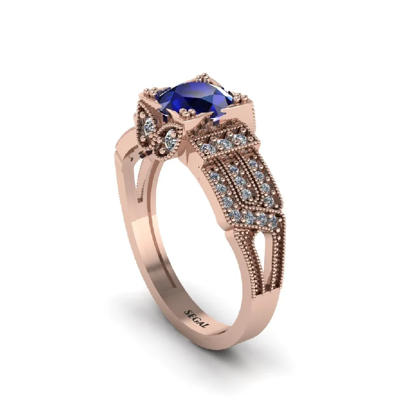 Ladies engagement rings sentimental halo bands-Sapphire Milgrain Gold Engagement Ring - Lyric No. 14