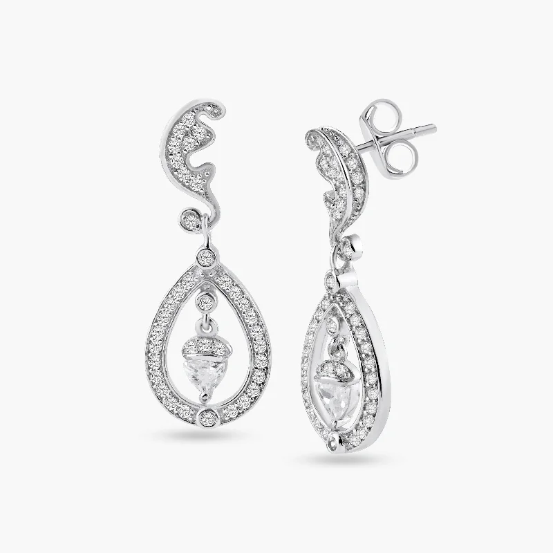 Ladies earrings timeless wedding styles-Silver 925 Rhodium Plated Teardrop Filigree CZ Dangling Stud Earrings - BGE00216