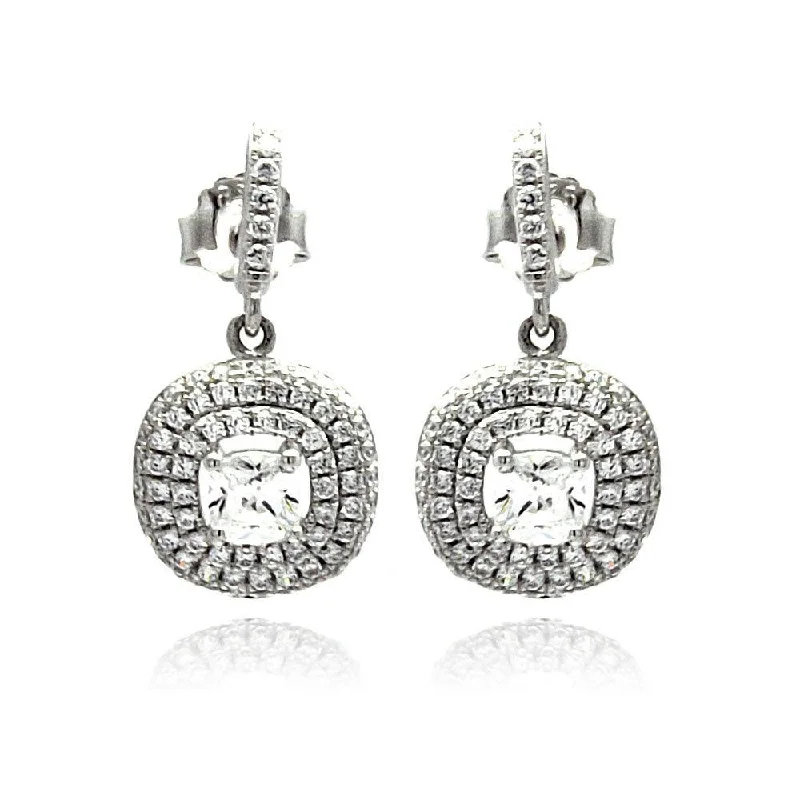 Ladies earrings floral detail earrings-Silver 925 Rhodium Plated Micro Pave Clear CZ Round Dangling Stud Earrings - ACE00074