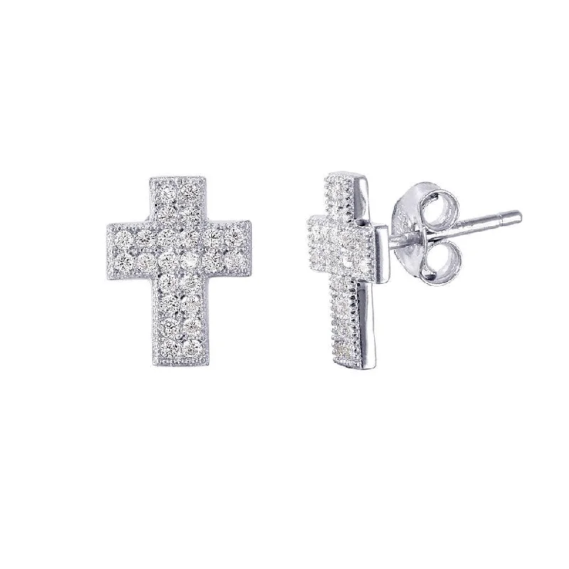 Ladies earrings initial letter designs-Silver 925 Rhodium Plated Cross CZ Earrings - STE01021