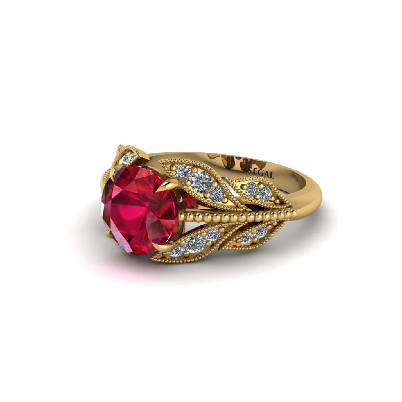 Ladies engagement rings spring halo designs-Ruby Majestic Leaf Gold Engagement Ring - Makenna No. 10