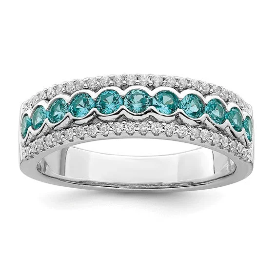 Ladies rings multi-tier styles-Sterling Silver Aqua and White CZ 3 Row Band