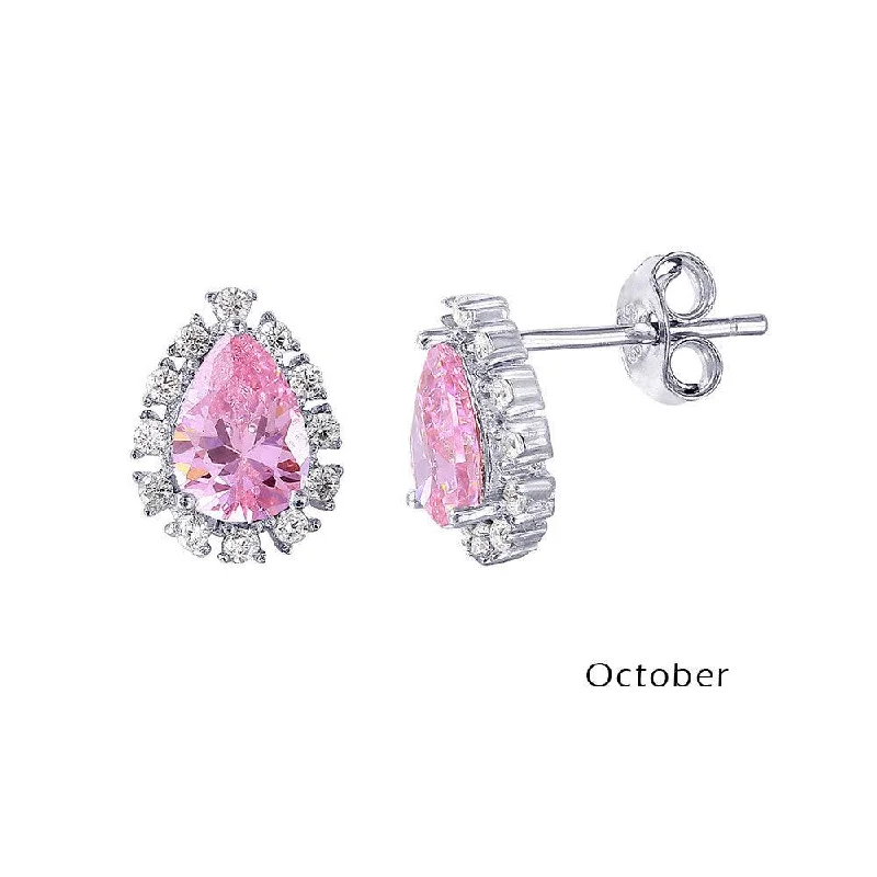 Ladies earrings famous designer labels-Rhodium Plated 925 Sterling Silver Teardrop Halo CZ Birthstone Earrings October - STE01027-OCT