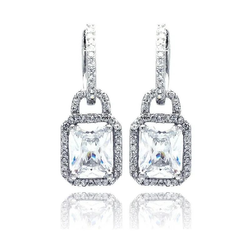 Ladies earrings romantic floral styles-Silver 925 Rhodium Plated Micro Pave Clear Square CZ Dangling huggie hoop Earrings - ACE00031