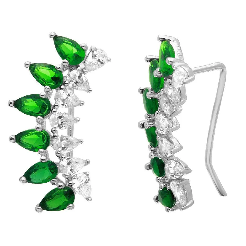 Ladies earrings balanced proportion styles-Silver 925 Rhodium Plated Pear Shape Clear and CZ Green Climbing Earrings - GME00059-GREEN