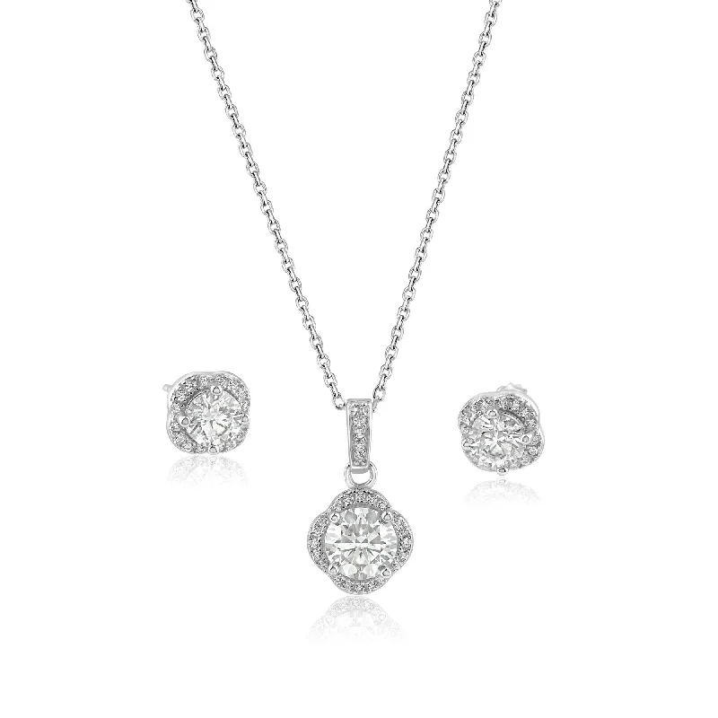 Ladies earrings rococo elegance earrings-Rhodium Plated 925 Sterling Silver Round Moissanite 0.5 Carat Earring and 1 Carat Necklace Sets - MBGS00002