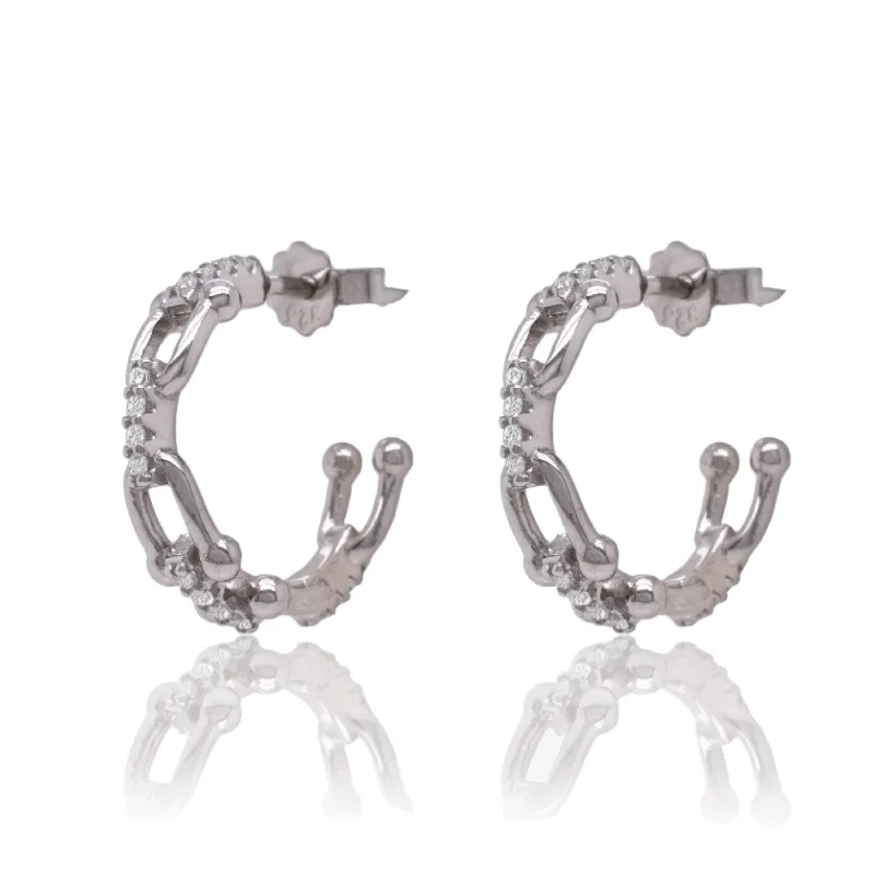 Ladies earrings pearl drop styles-Sterling Silver Rhodium Plated Paperclip Clear CZ Semi Hoop Stud Earring - STE01392