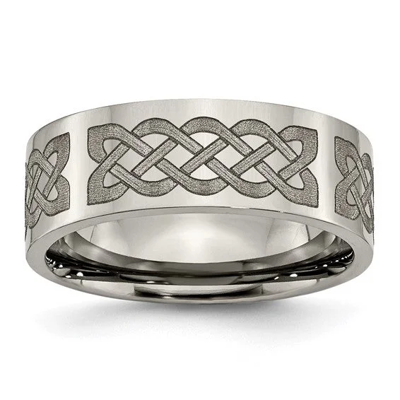 Ladies rings graduated size designs-Titanium Flat 8mm Celtic Knot Laser Design Polished Band