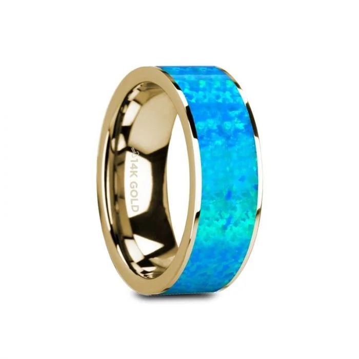 Ladies rings delicate thin bands-Thorsten GANYMEDE 14K Yellow Gold with Blue Opal Inlay and Polished Edges Flat Band - 8mm