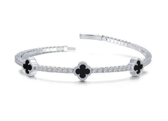 ladies bracelet diamond polished-Sterling Silver Simulated Diamond & Genuine Onxy Clover Bangle Tennis Bracelet by Lafonn