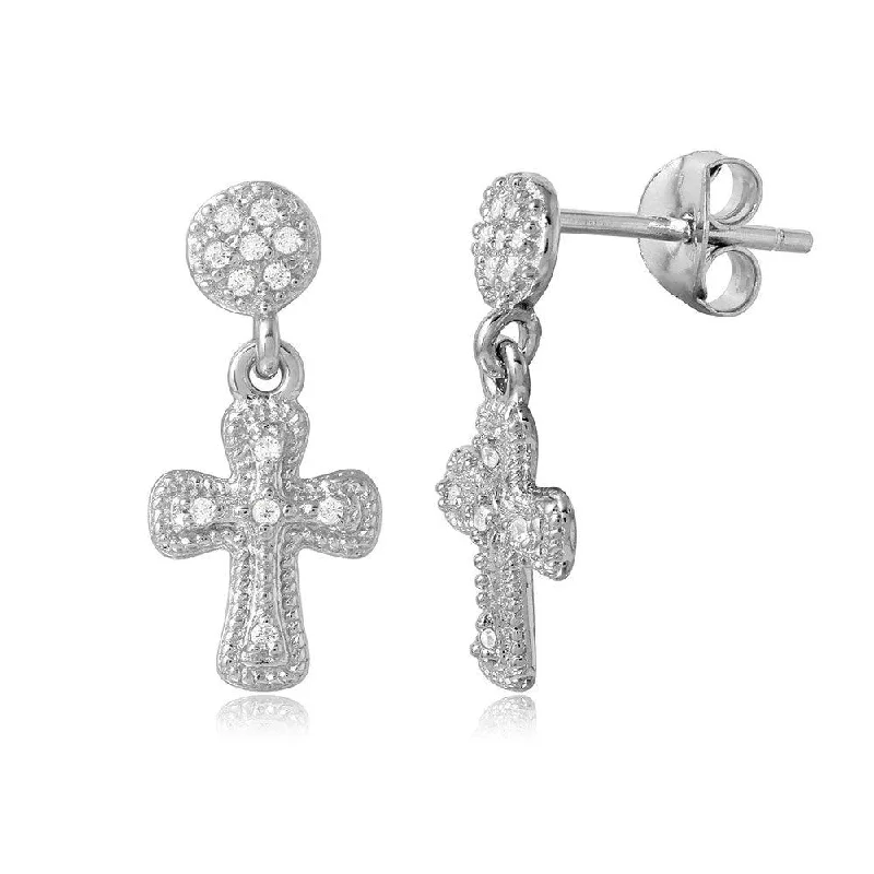 Ladies earrings minimalist daily wear-Silver 925 Rhodium Plated Hanging Cross CZ Earrings - BGE00486