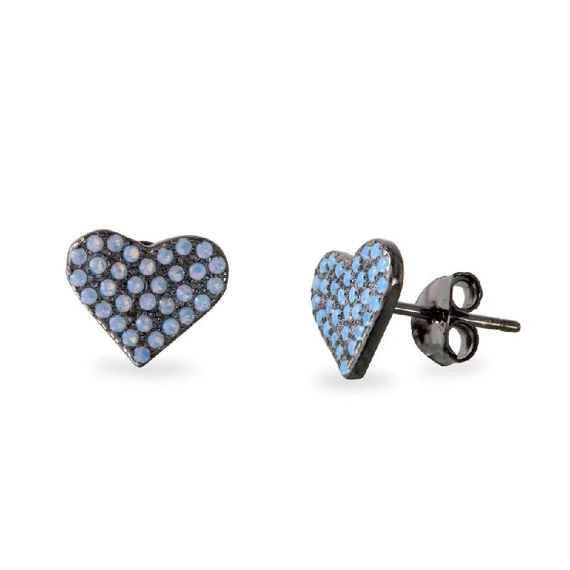 Ladies earrings cross motif accents-Black Rhodium Plated 925 Sterling Silver Heart Earrings with Round Blue CZ - BGE00540