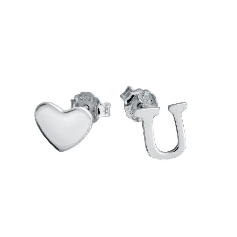 Ladies earrings amethyst stone earrings-Rhodium Plated 925 Sterling Silver Heart and U Earrings - SOE00040