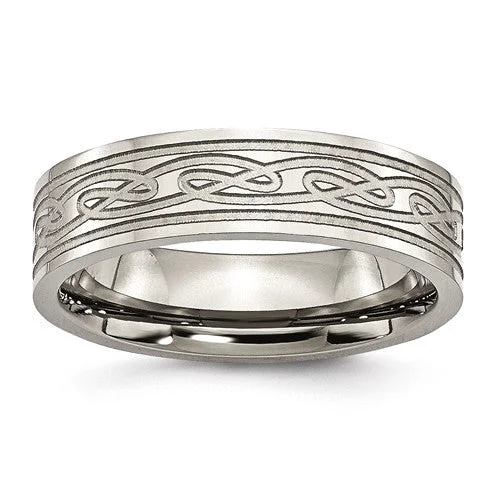 Ladies rings raised detail styles-Titanium Flat Laser Etched Celtic Knot 6mm Polished Band