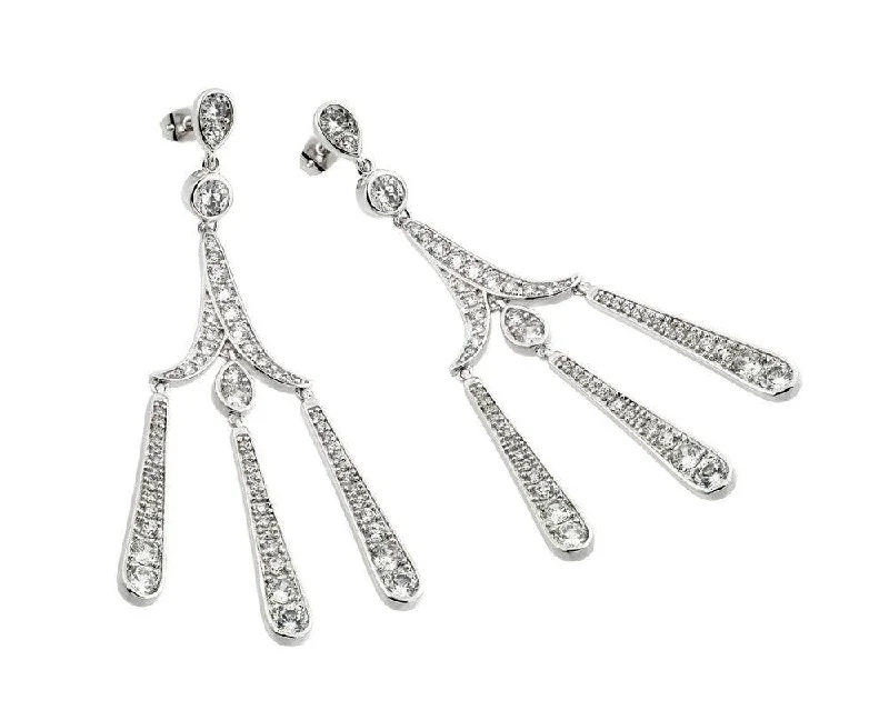 Ladies earrings subtle hue styles-Silver 925 Rhodium Plated Three Strand Chandelier CZ Dangling Stud Earrings - BGE00259