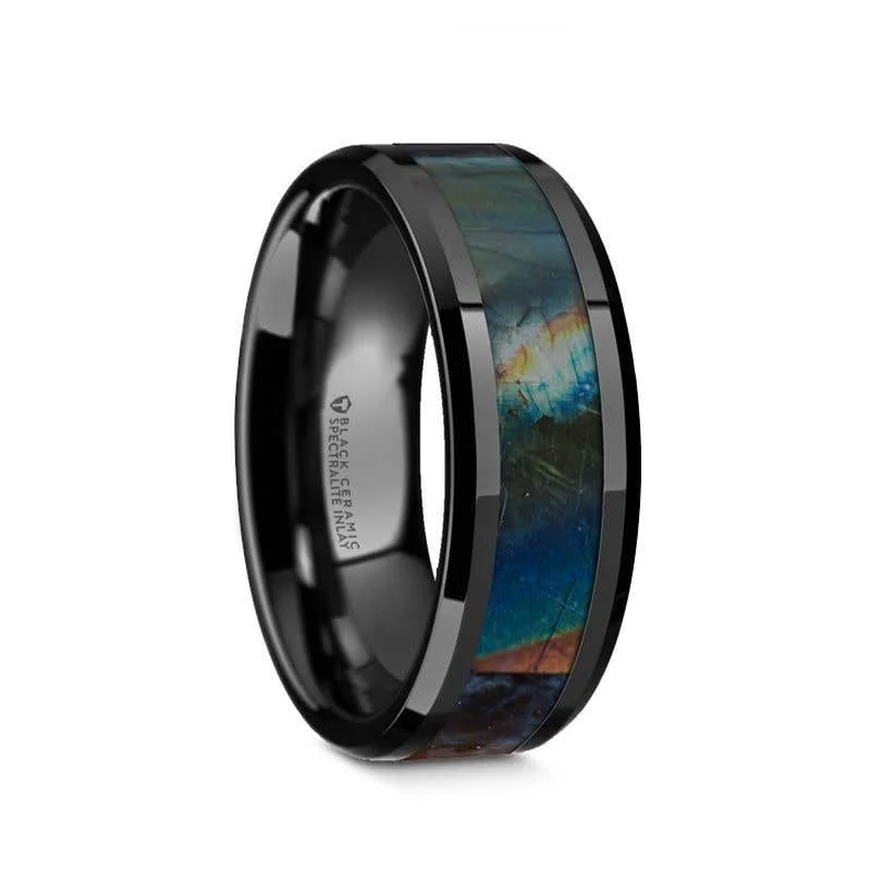 Ladies rings fragile beauty styles-Thorsten IRIDESCENCE Black Ceramic Spectrolite Inlay Polished Finish Wedding Band with Beveled Edges - 8mm