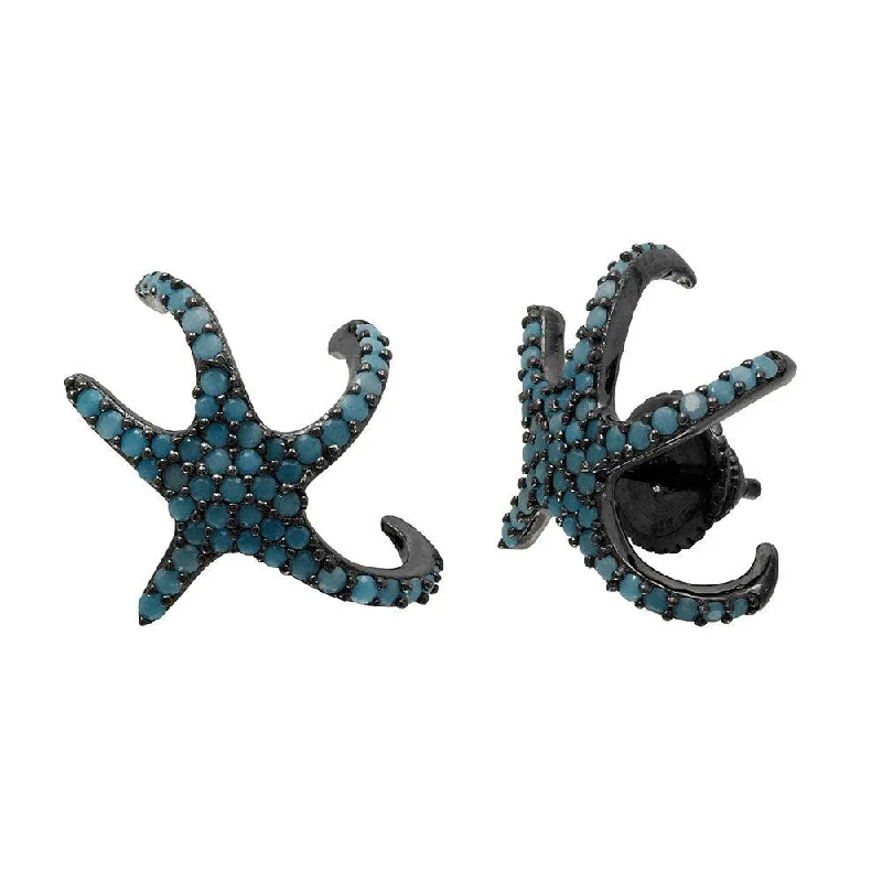 Ladies earrings ethical diamond designs-Black Rhodium Plated 925 Sterling Silver Hugging CZ Starfish With Turquoise Stones Earrings - GME00045BLK-T