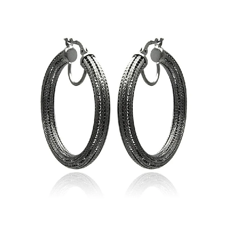 Ladies earrings art nouveau styles-Clearance-Silver 925 Black Rhodium Plated Italian Hoop Earrings - ITE00033BLK