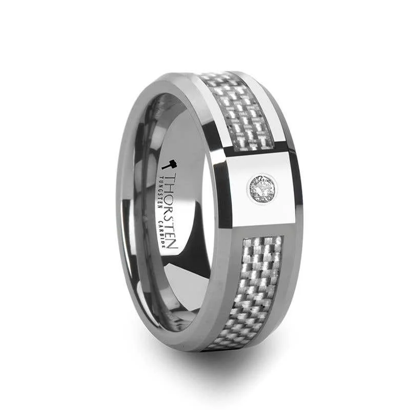 Ladies rings pinky finger styles-Thorsten ROYCE Tungsten Wedding Band White Carbon Fiber Diamond Setting - 8mm