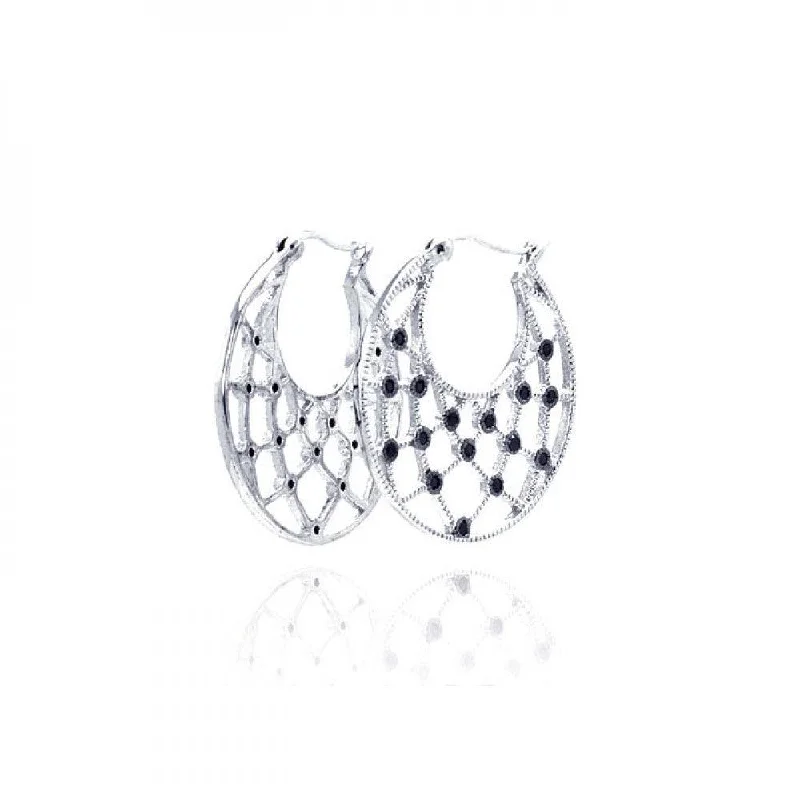 Ladies earrings mixed metal finishes-Clearance-Silver 925 Rhodium Plated Black Round CZ Web Crescent Hoop Earrings - STE00519BLK