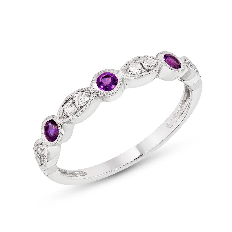 Ladies rings Thanksgiving gift rings-14k White or Yellow Gold Amethyst & Diamond Anniversary Band