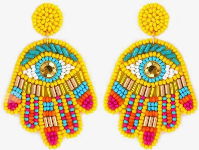 Ladies earrings double halo styles-Evil Eye Protection Seed Bead Hamsa Shape Earrings