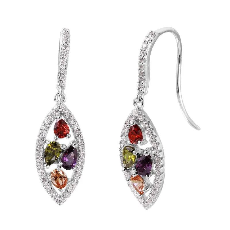 Ladies earrings friendship pair designs-Silver 925 Rhodium Plated Marquise-Shaped Multi-Color CZ Earrings - BGE00460