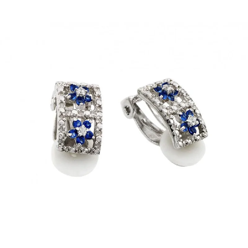 Ladies earrings minimalist trend picks-Silver 925 Rhodium Plated Flower Round Blue and Clear CZ Hoop Earrings - STE00741