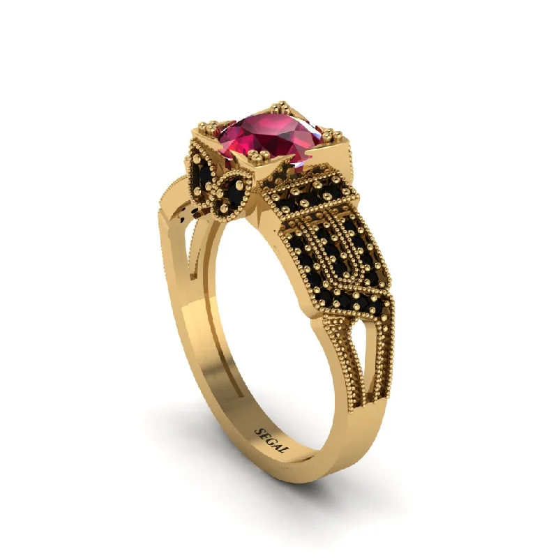 Ladies engagement rings sustainable diamond cuts-Ruby Milgrain Gold Engagement Ring - Lyric No. 40