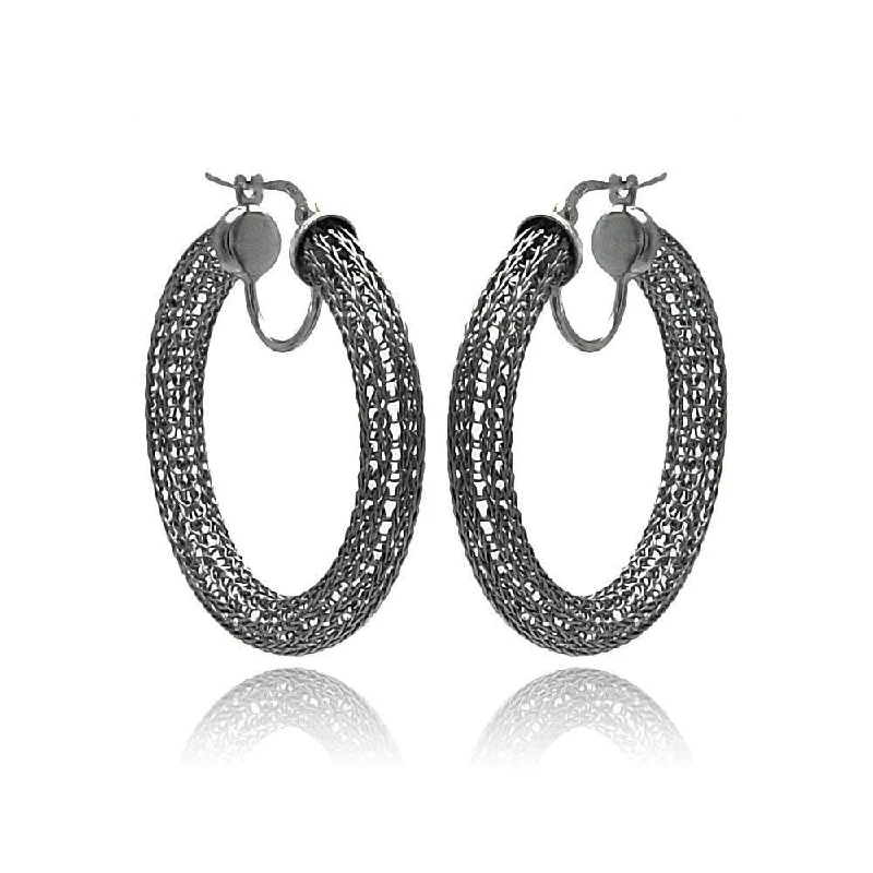 Ladies earrings impressionist vibe earrings-Clearance-Silver 925 Black Rhodium Mesh Plated Hoop Earrings - ITE00039BLK