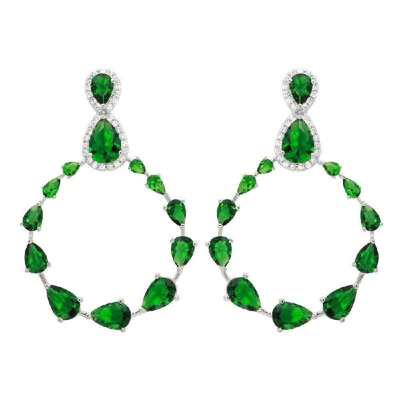 Ladies earrings tri-color styles-Rhodium Plated 925 Sterling Silver Green and Clear Teardrop with Open Hanging Graduated CZ Earrings - GME00104-GREEN