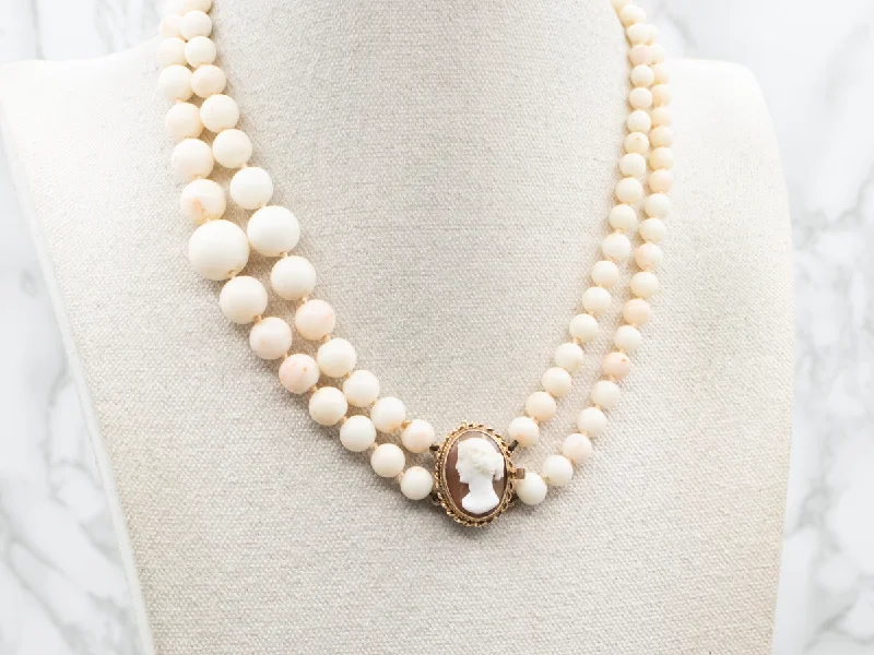 ladies necklace tropical cyber monday-Double Strand White Coral Necklace with Cameo Clasp